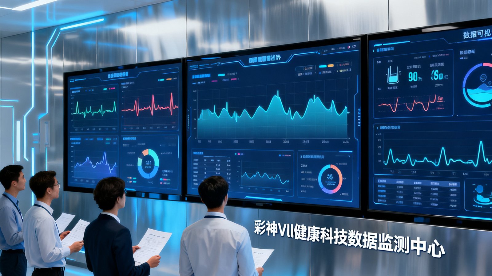 现代化的数据监测中心，大屏幕上实时显示用户健康指标趋势图，数据分析师正在解读报告，展现彩神Vll在健康科技领域的数据驱动能力。