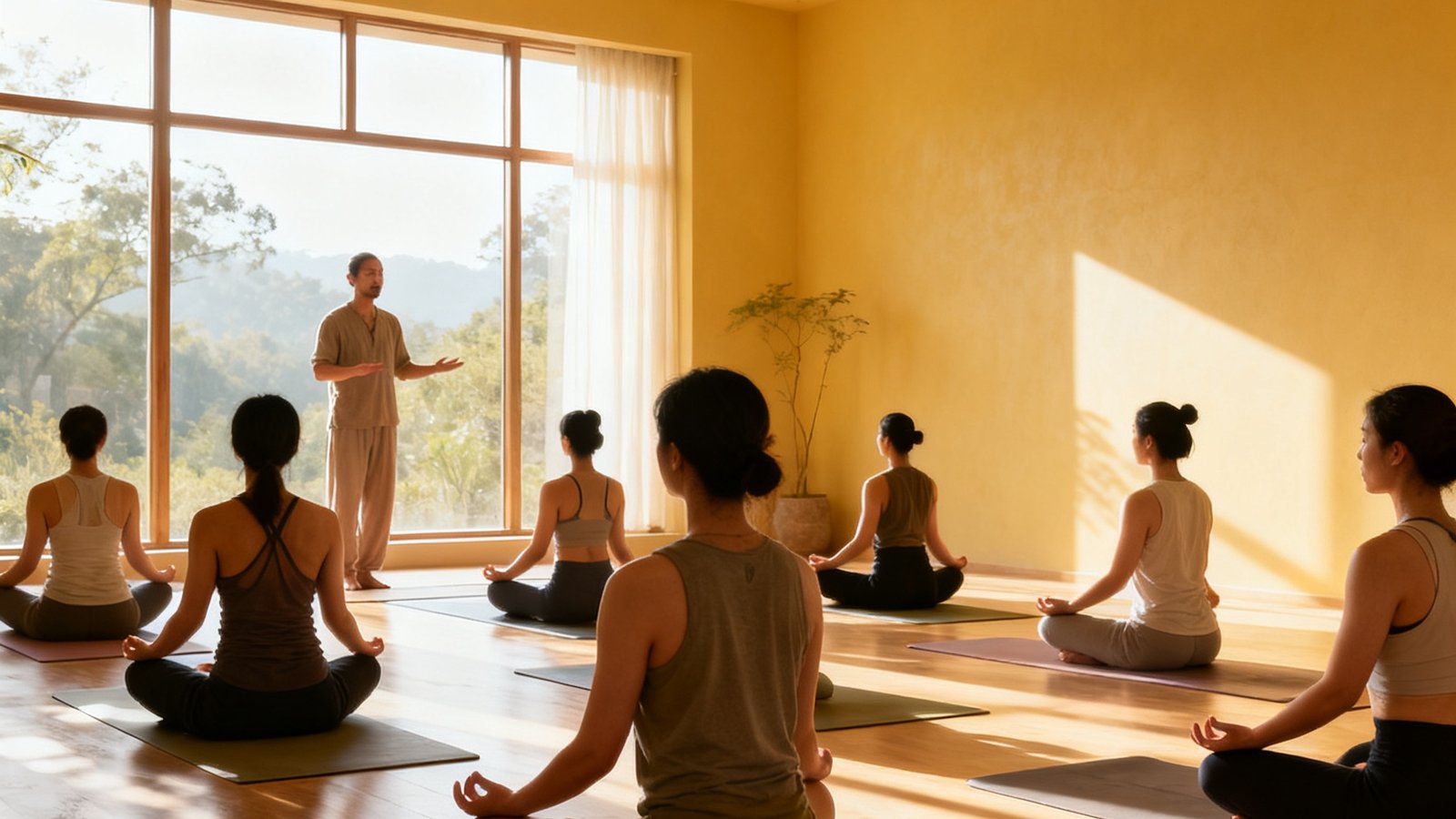 宽敞明亮的瑜伽教室内，十几位学员在专业导师引导下进行晨间冥想练习，阳光透过大窗户洒入，空间布置简约自然，展现彩神Vll身心平衡课程的沉浸式体验。