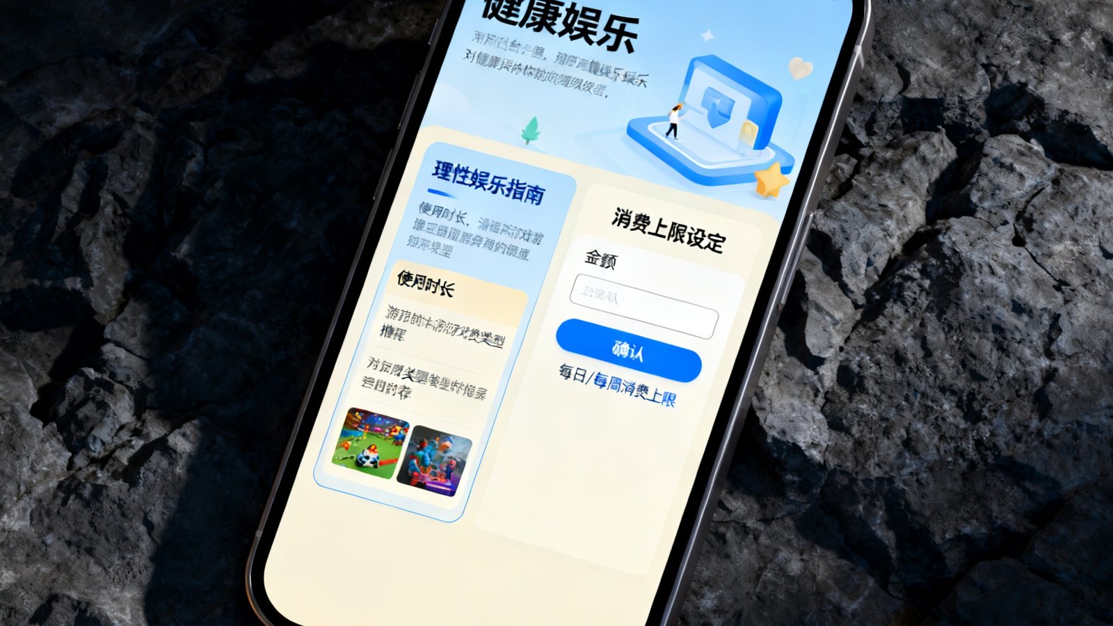 手机屏幕上展示彩神Vll健康娱乐板块的界面设计，色彩柔和、布局清晰，突出理性娱乐与消费上限设定功能，体现平台对用户健康娱乐体验的细致关怀。