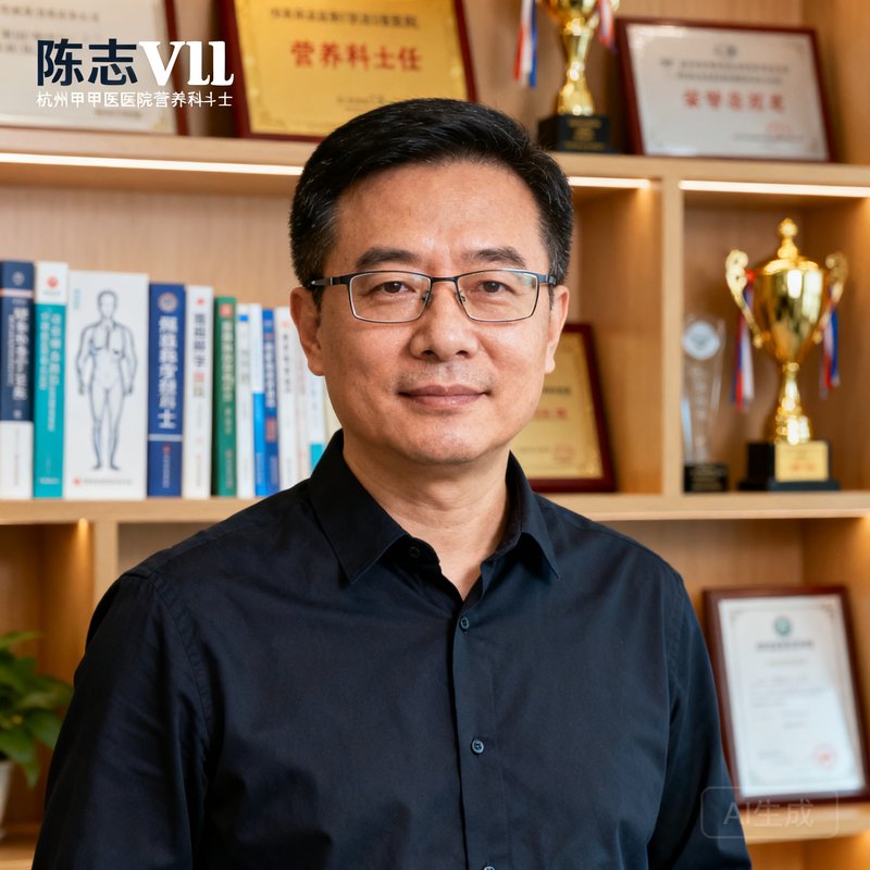 陈志远，彩神Vll联合创始人兼CEO，45岁，前杭州三甲医院营养科主任，戴眼镜，身着深色衬衫，背景为公司书架，表情沉稳而亲切。