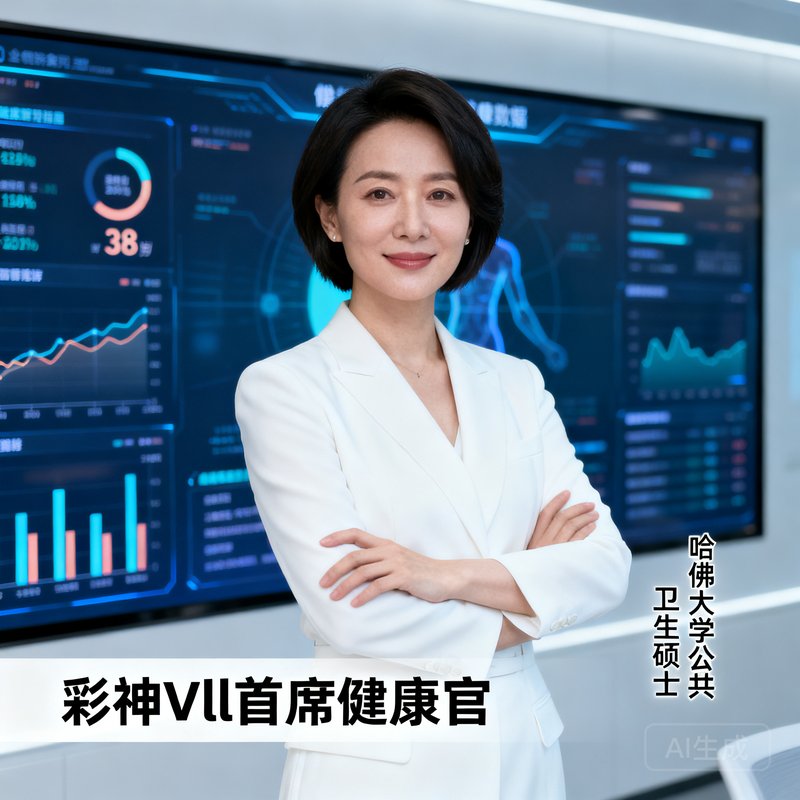 林悦然，彩神Vll首席健康官，38岁，女性，持有哈佛大学公共卫生硕士学位，短发干练，身着白色职业装，背景为健康数据大屏，展现专业自信。
