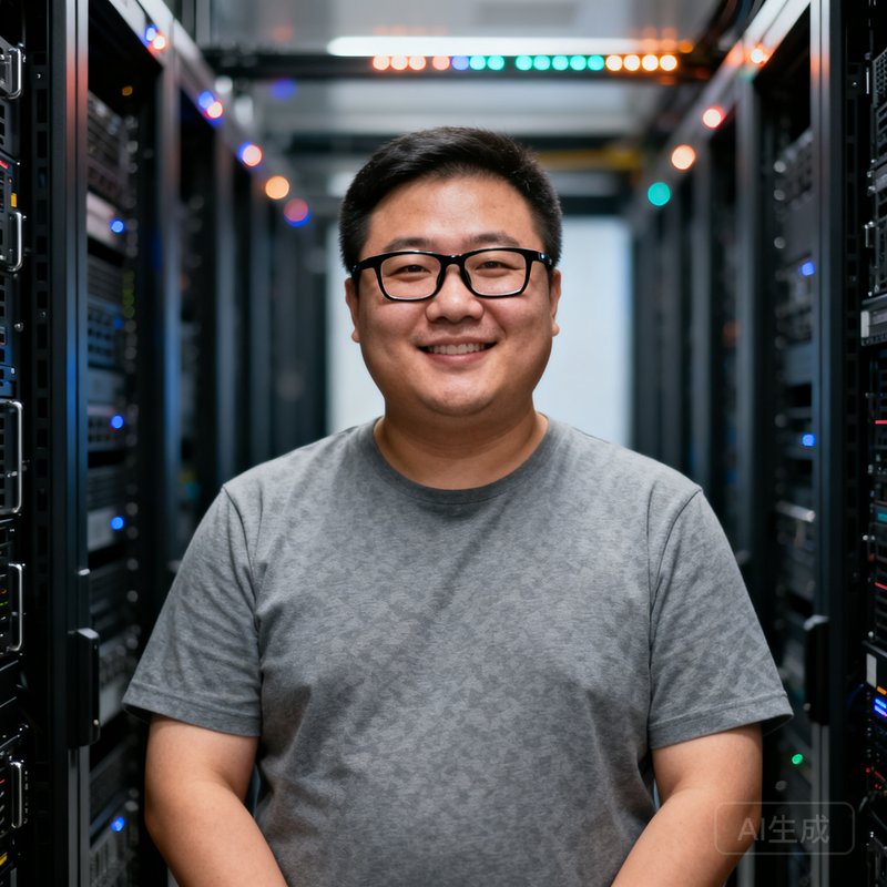 周明远，彩神Vll首席技术官，42岁，前阿里巴巴高级技术专家，圆脸戴黑框眼镜，身着灰色T恤，背景为服务器机房，展现技术实力与亲和力。